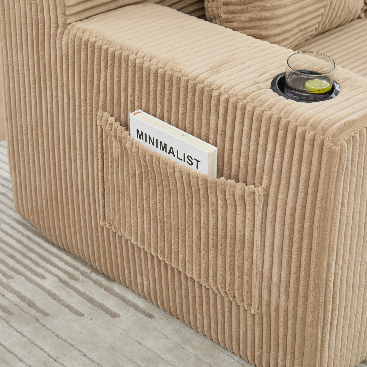 SCHLAFSOFA Modular mit Getränkehaltern und Seitentaschen, DE-42913, Khaki - Sandfarben, Textil (172/64/87cm) - ComfortXL