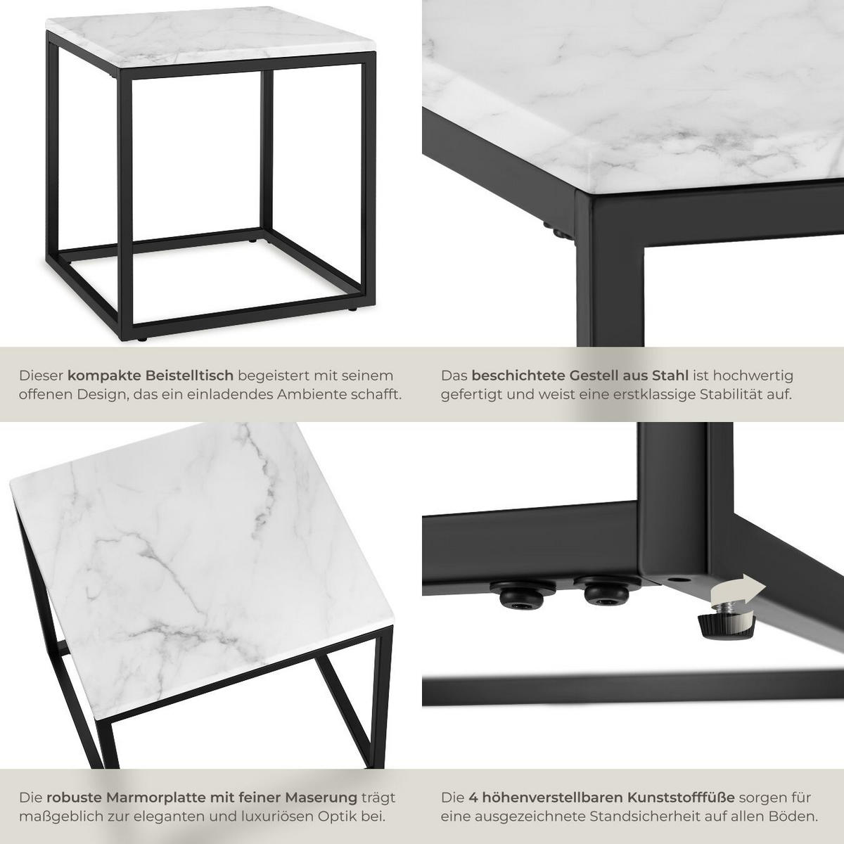 MARMOR-BEISTELLTISCH Alysia,mit höhenverstellbaren Kunststofffüßen,schwarz/weiß - Schwarz/Weiß, Stein (45/45/47.5cm) - tectake