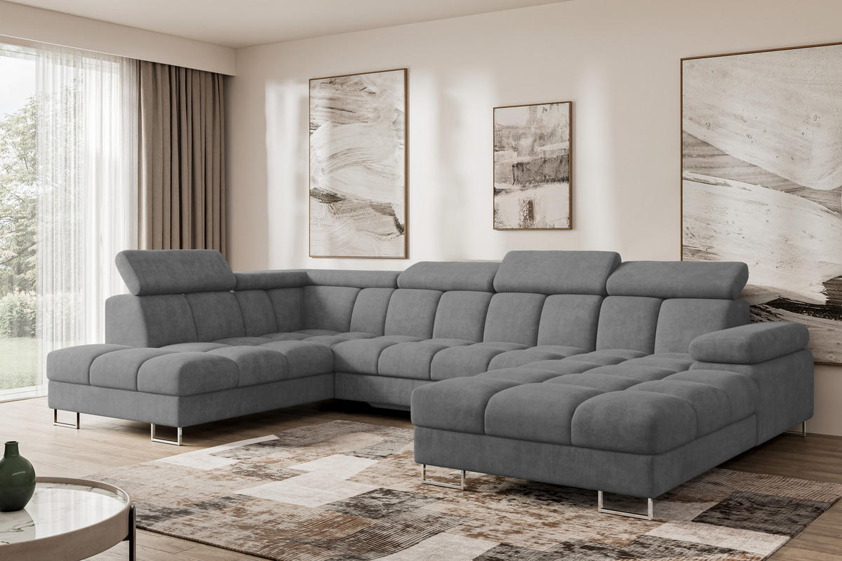 WOHNLANDSCHAFT mit Schlaffunktion und Bettkasten Ottomane Links COMA U 345x203x79 Grau Velours - Grau, Holzwerkstoff/Textil (345/79/203cm) - ALTDECOR