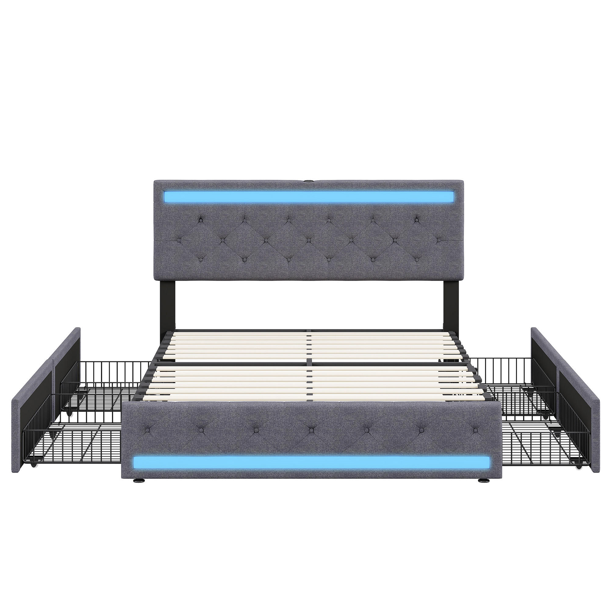 POLSTERBETT 140x200 cm LED USB Type C 4 Schubladen Lattenrost grau - Grau, Holz (140/200cm) - LEBENLANG