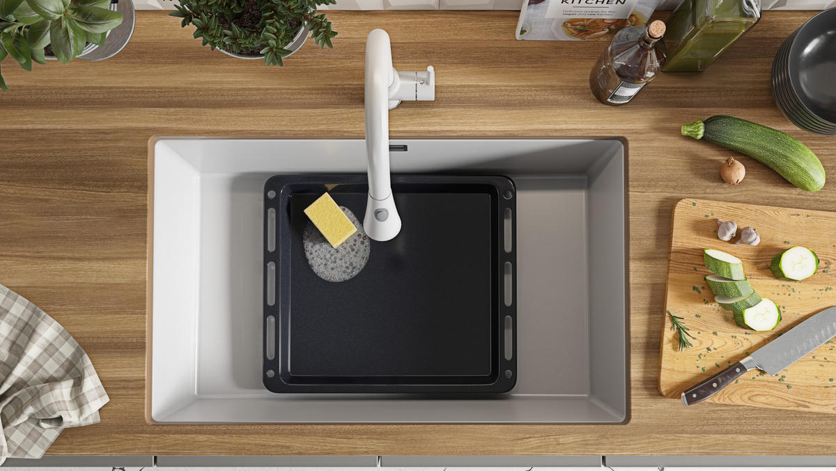 UNTERBAUSPÜLE GRANIT London, 2-er set Weiß 76/47 cm 1 Becken + Küchenarmatur 32/20 cm + Ablauf-Set ab 80er Unterschrank - Chromfarben/Weiß, Kunststoff (76/20/47cm) - Primagran