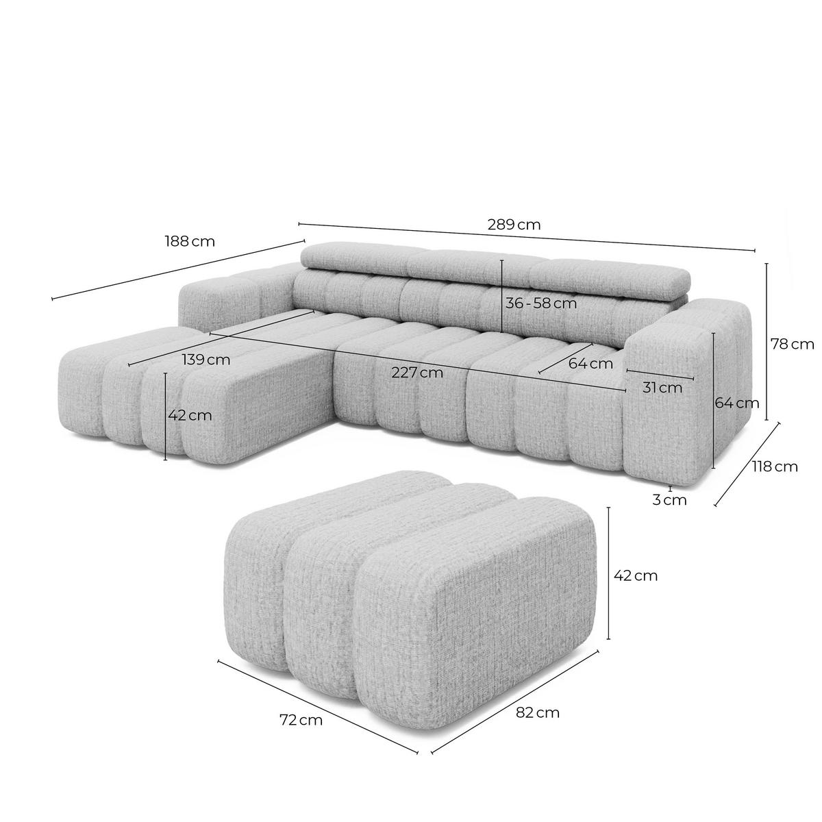ECKSOFA Ottomane links Chenille 289x188x78 beige KONSTANTIN - Beige, Kunststoff (289/188cm) - Massivmoebel24