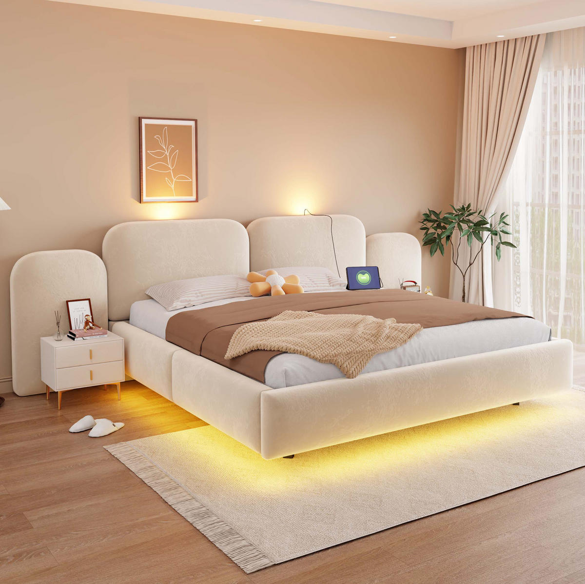 POLSTERBETT aus Samtstoff 180x200 cm Beige mit hydraulischem Bettkasten, RGB-LED und USB-C-Anschluss - Beige, Textil (180/200cm) - Modfu