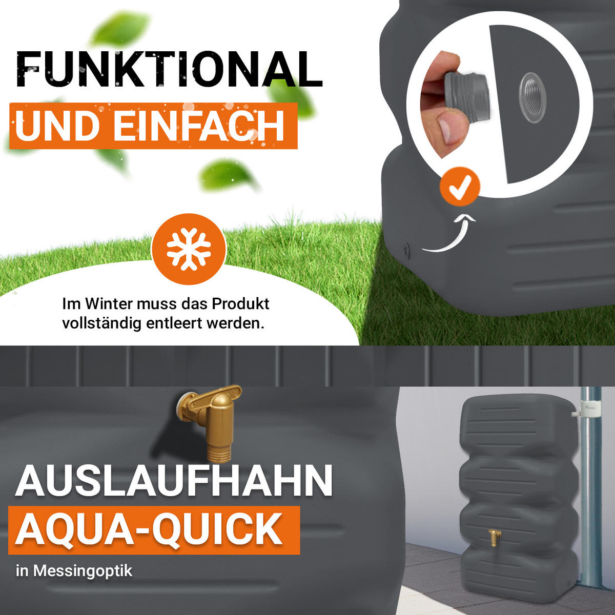 REGENTONNEN Komplett-Set 340 L graphite grey inkl. Kunststoff-Auslaufhahn und Fallrohranschluss - Graphitfarben, Kunststoff (59/112/59cm) - GARANTIA