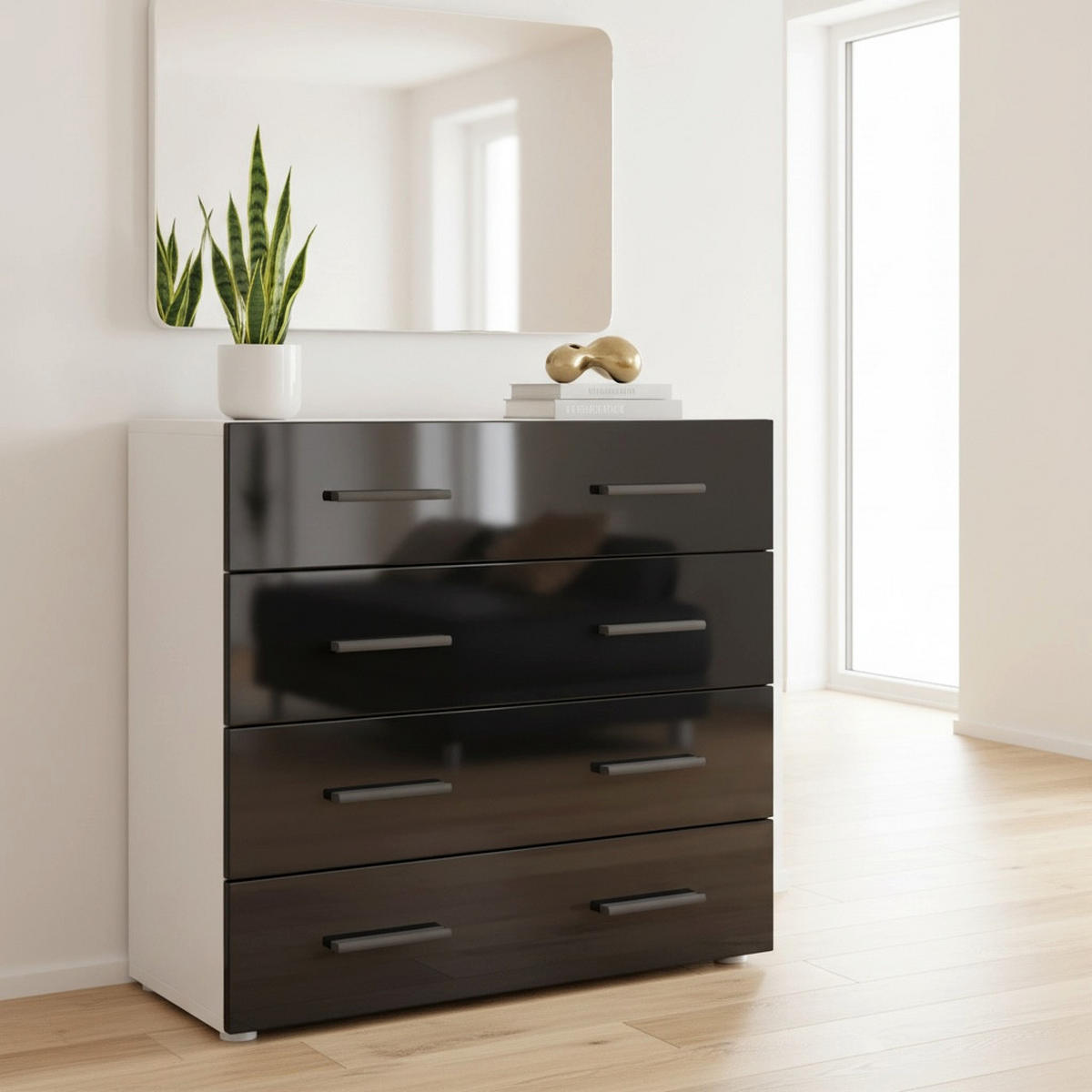 KOMMODE Den, Sideboard mit 4 Schubladen, Made in Germany, Moderner Schrank, Weiß matt / Schwarz Hochglanz (76 x 72 x 35 cm) - Schwarz Hochglanz, Holzwerkstoff (76/72/33cm) - InnoFurn