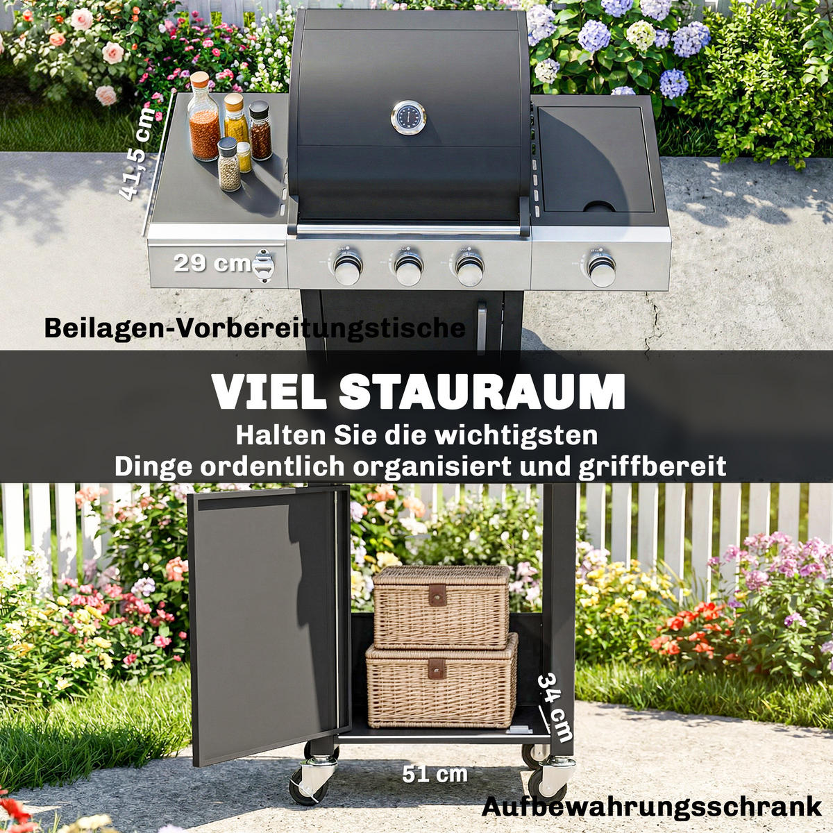 GASGRILL Edelstahl Metall Schwarz - Schwarz, Metall (50/109/109cm) - Outsunny