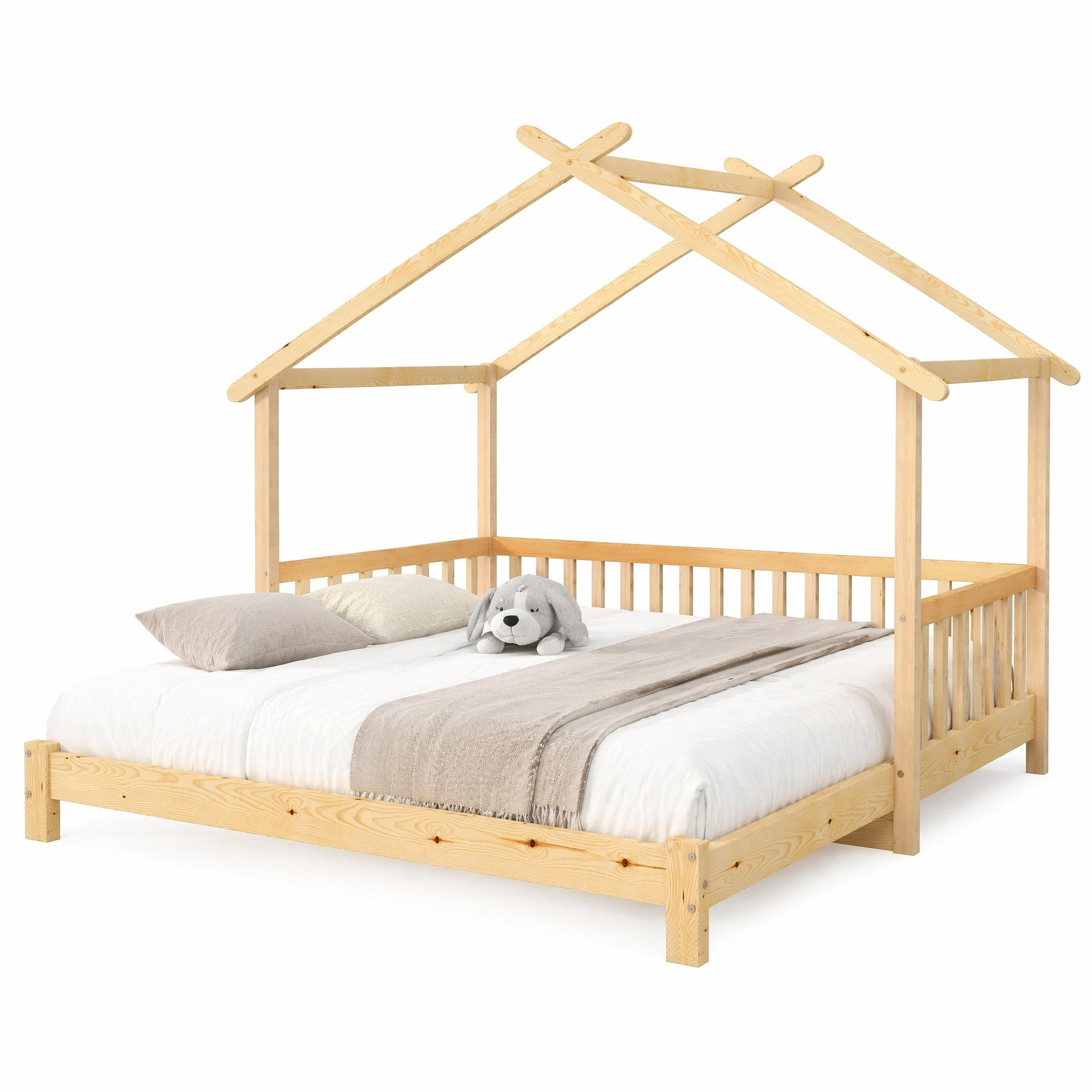 KINDERBETT 90/200 mit Ausziehfunktion, Hausrahmen und Sicherheitsgeländer in Natur - Naturfarben, Holzwerkstoff (90/200cm) - EVRYAE