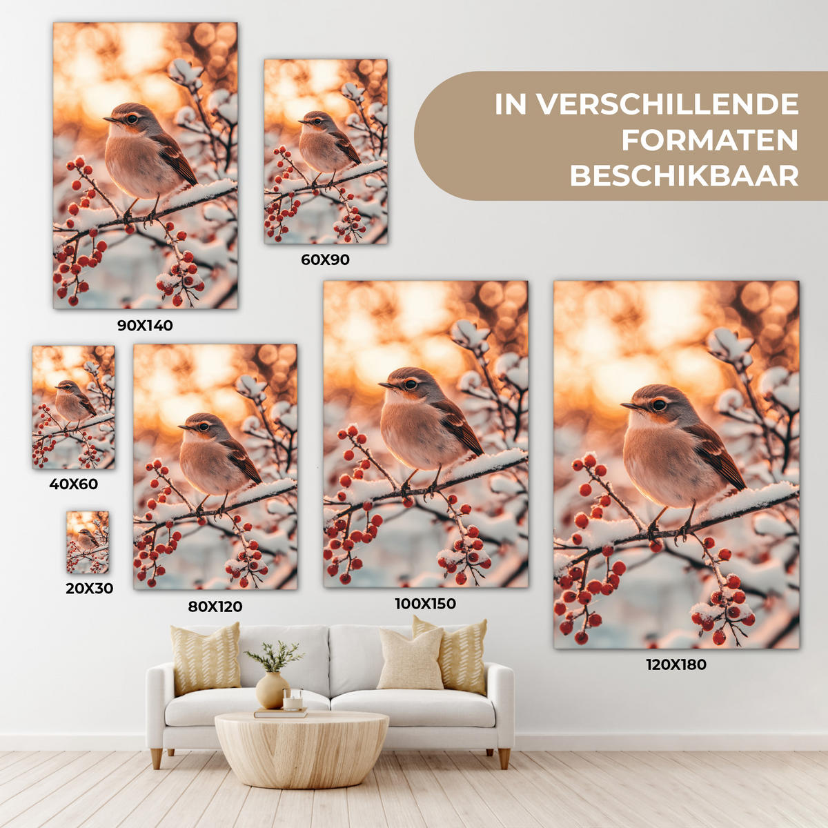 LEINWANDBILD Vogel - Zweig - Winter - Tiere - Schnee Wanddeko Schlafzimmer 60x90 cm - Bernsteinfarben, Textil (60/90cm) - MuchoWow