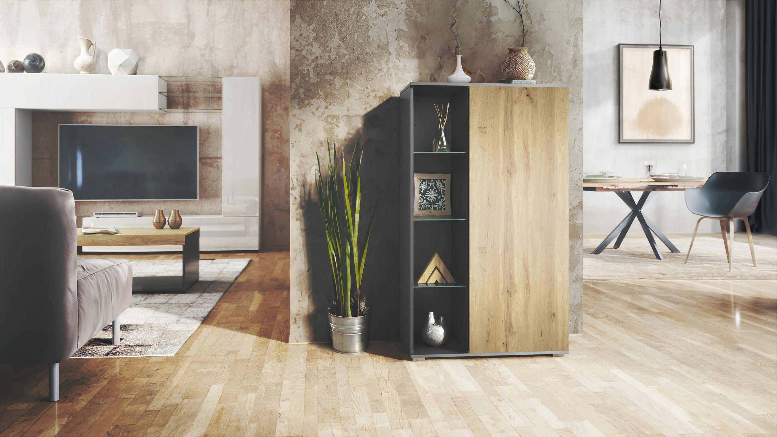 VITRINE Davos Eiche Wotan - Eiche Wotan, Holzwerkstoff (71.5/134/35cm) - Vladon