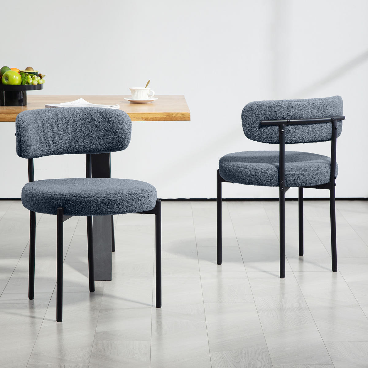 ESSZIMMERSTÜHLE 2er Set Küchenstuhl mit Rückenlehne, Fleeceoptik, Modern Sessel - Schwarz/Grau, Textil/Metall (51/76/51cm) - HOMCOM