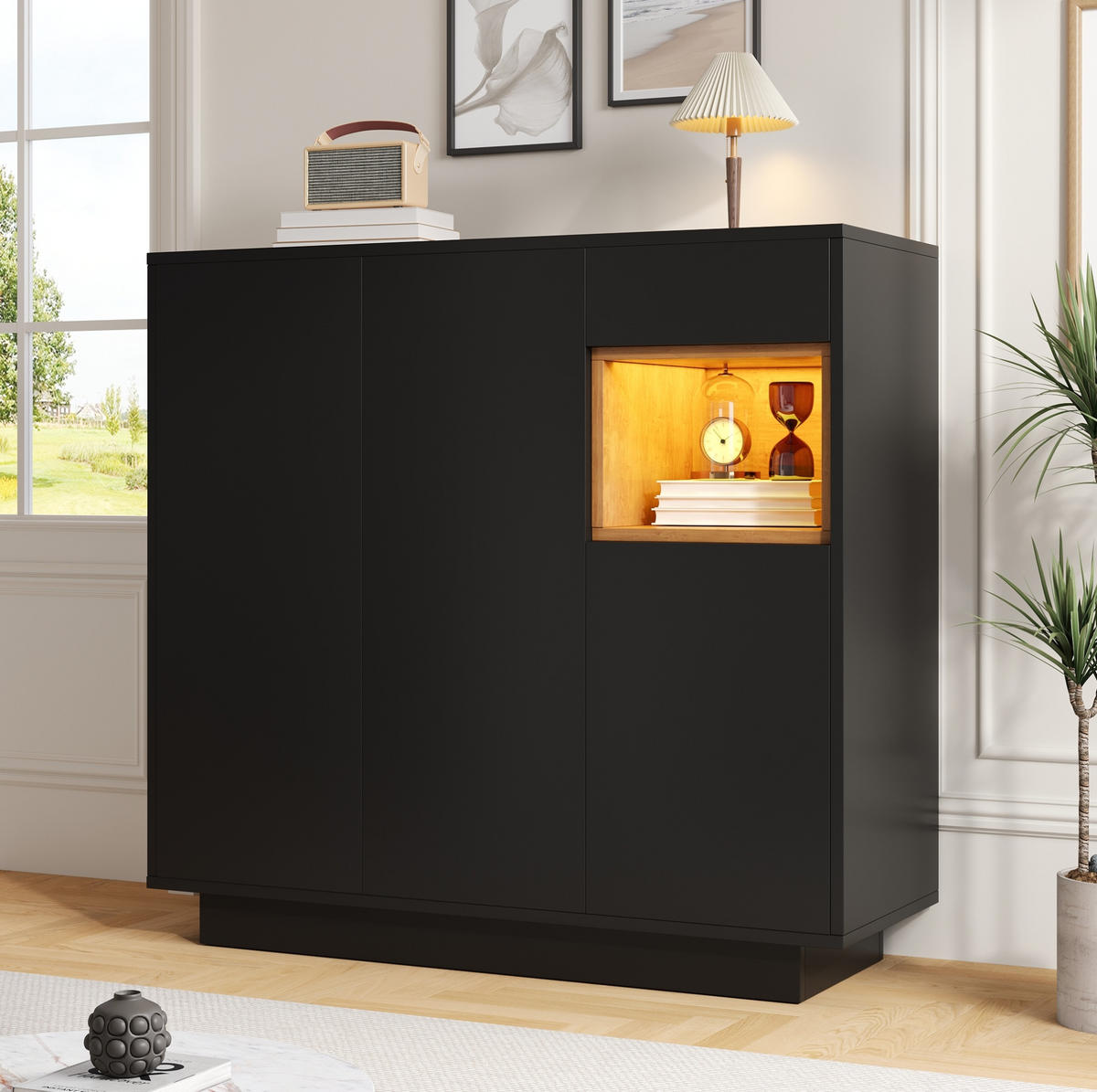 SCHUHSCHRANK 105/39,5/100,5 cm mit Schublade, LED-Beleuchtung und verstellbaren Böden - Schwarz, Holzwerkstoff (105/100/39cm) - BEAOK