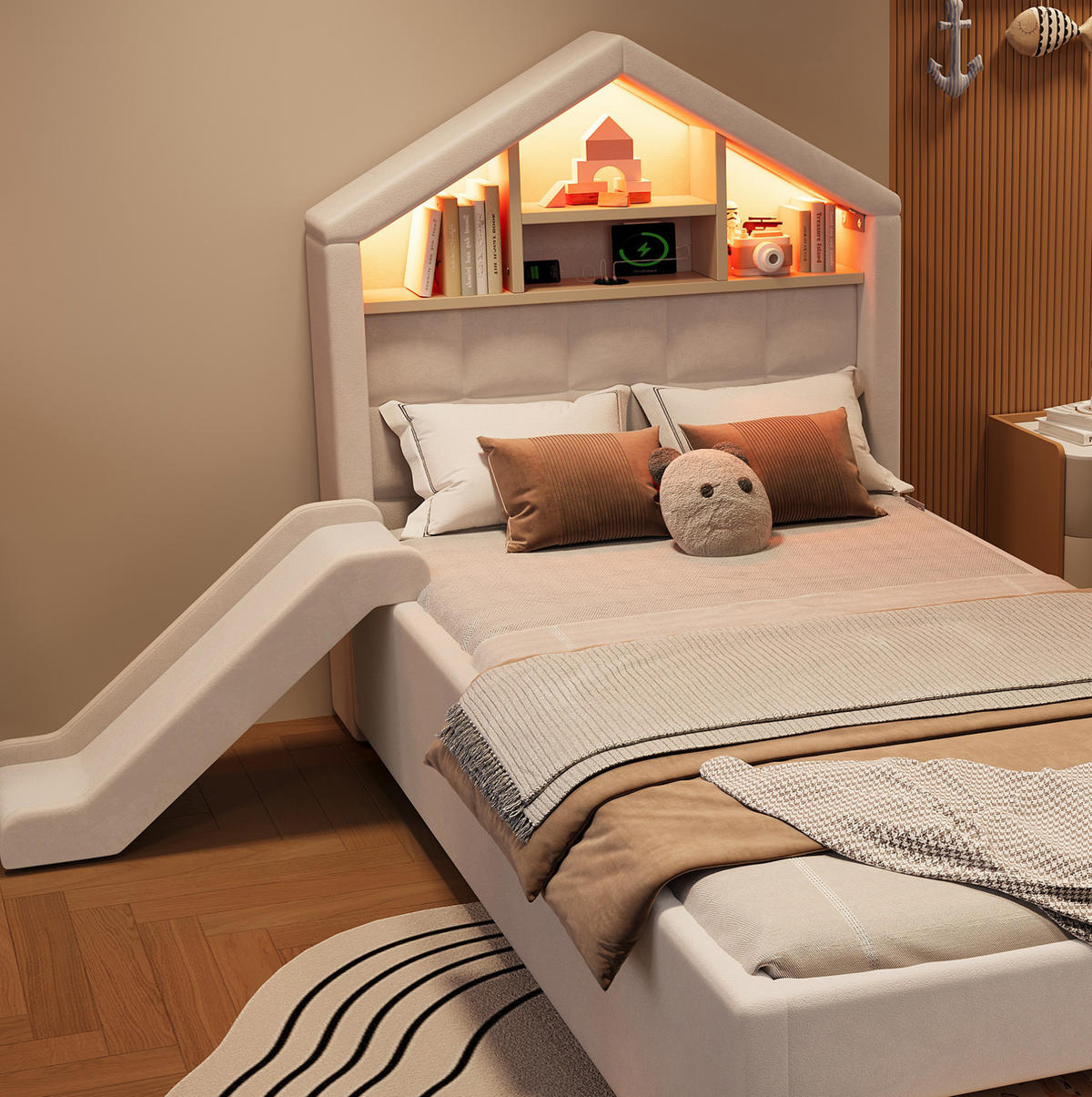 GEPOLSTERTES Kinderbett 90x200 cm in Beige mit Rutsche, LED, Ladeanschluss und Bettkasten - Beige, Textil (90/200cm) - IVMEU
