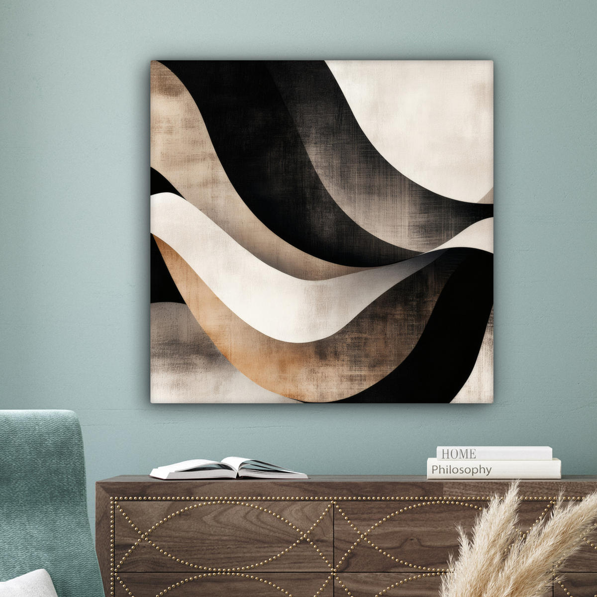 LEINWANDBILD Abstrakt - Wellen - Schwarz - Verwittert Deko Groß 90x90 cm - Trüffeleichefarben, Textil (90/90cm) - MuchoWow