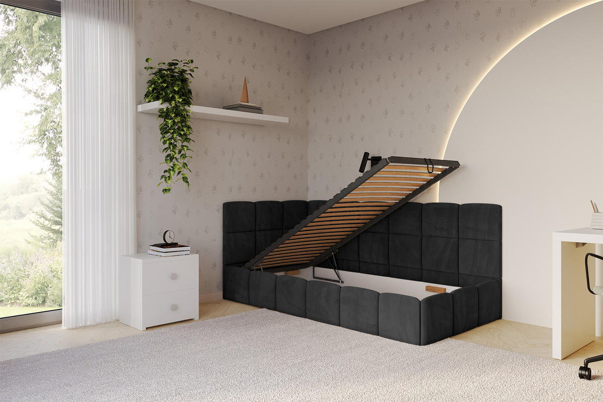 EINZELBETT Jugendbett mit Bettkasten Rechts, ohne Matratze - LIVY 80x200 Schwarz - Schwarz, Holzwerkstoff/Textil (80/200cm) - ALTDECOR