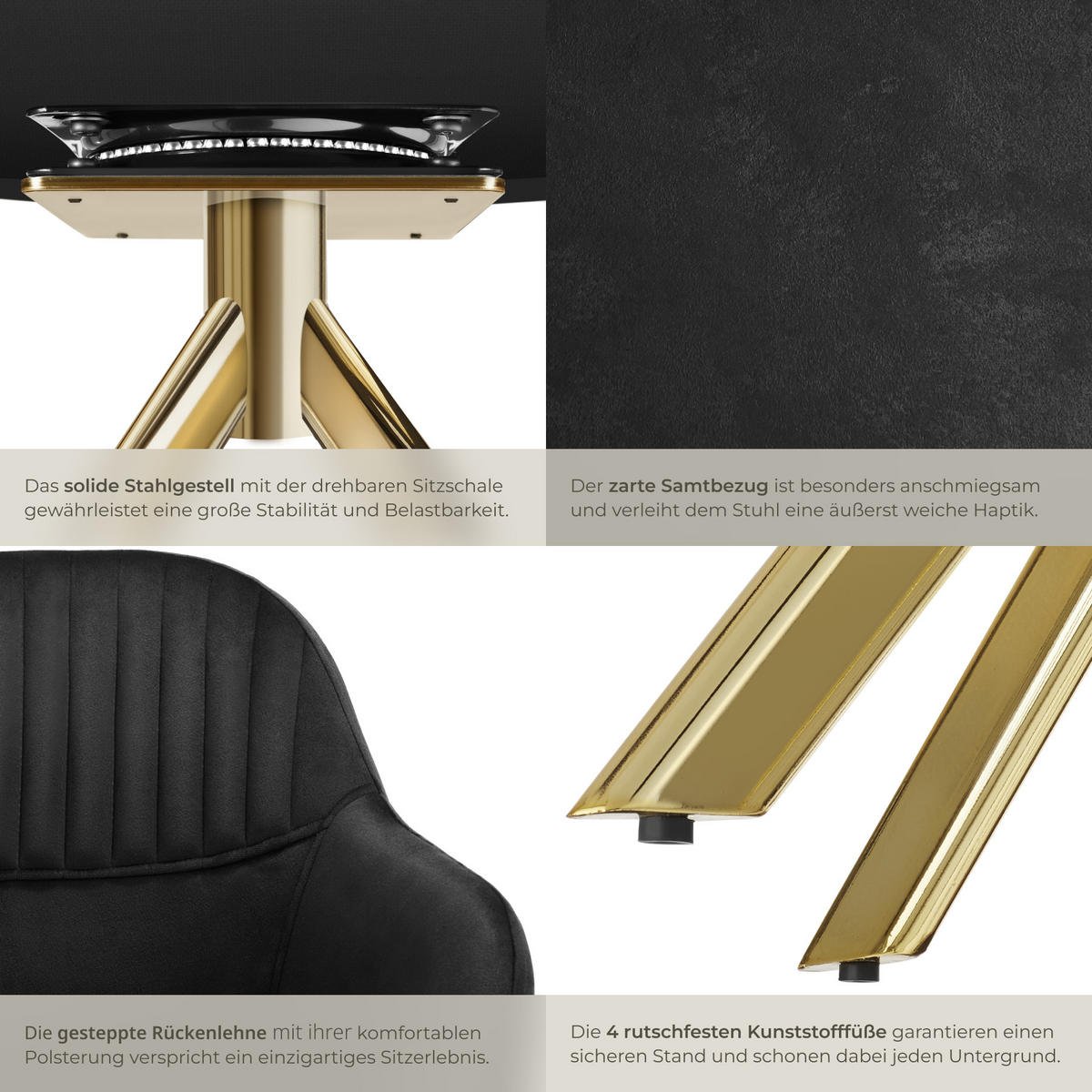 DREHSTUHL 6er Set Lona 56 x 59 x 81 cm schwarz/gold - Goldfarben/Schwarz, Textil (56/81/59cm) - tectake