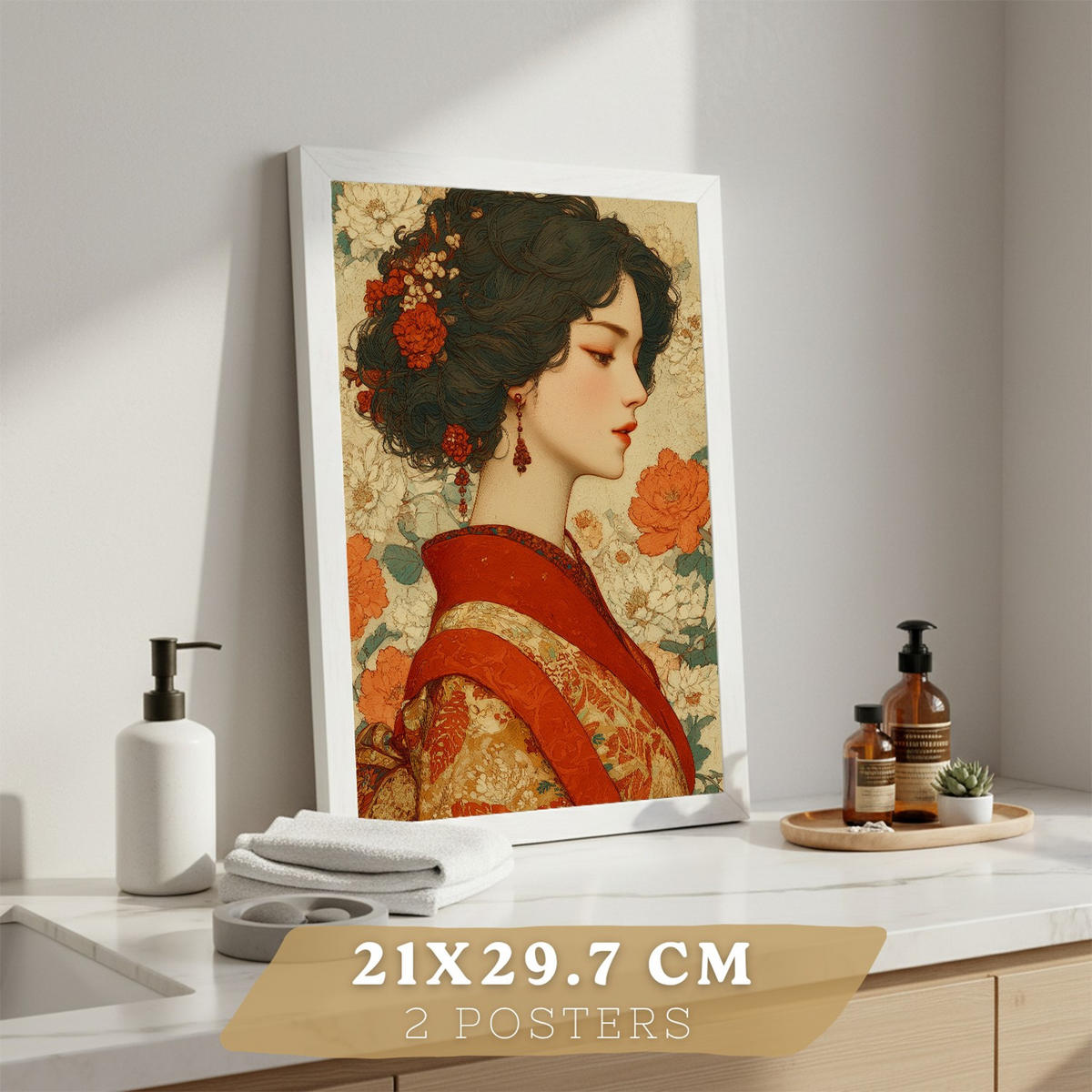 PLAKÁT Sada 2 dekorativních koupelna-Kunstdrucke japonském pro hůlku Sprcha Toilette und koupelna mit Orientalischem Drachen und Frau White Frame A4 - bílá, papír (29.7/21/3cm) - Nacnic