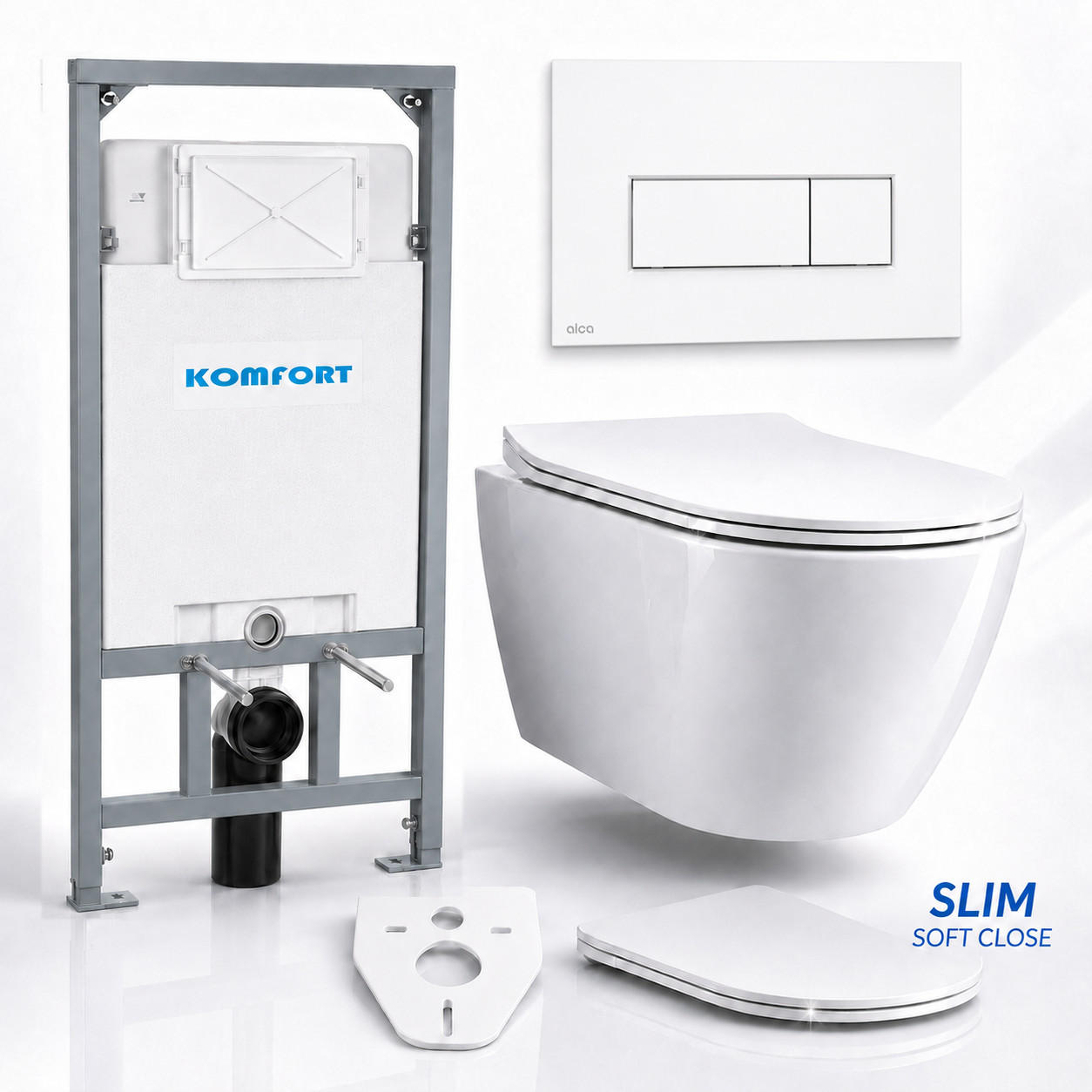 WC-SET ROLO Weiß, Slim-Sitz, Vorwandelement und Betätigungsplatte M570 Weiß THIN - Weiß, Keramik (53/119.5/48.5cm) - bad land