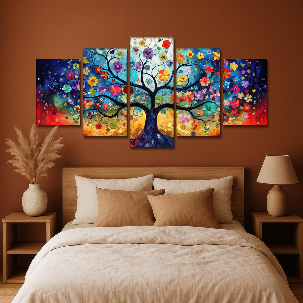 LEINWANDBILD 5er Set Bunt - Baum des Lebens - Blumen - Abstrakt 200x100 cm - Blau, Textil (200/100cm) - MuchoWow
