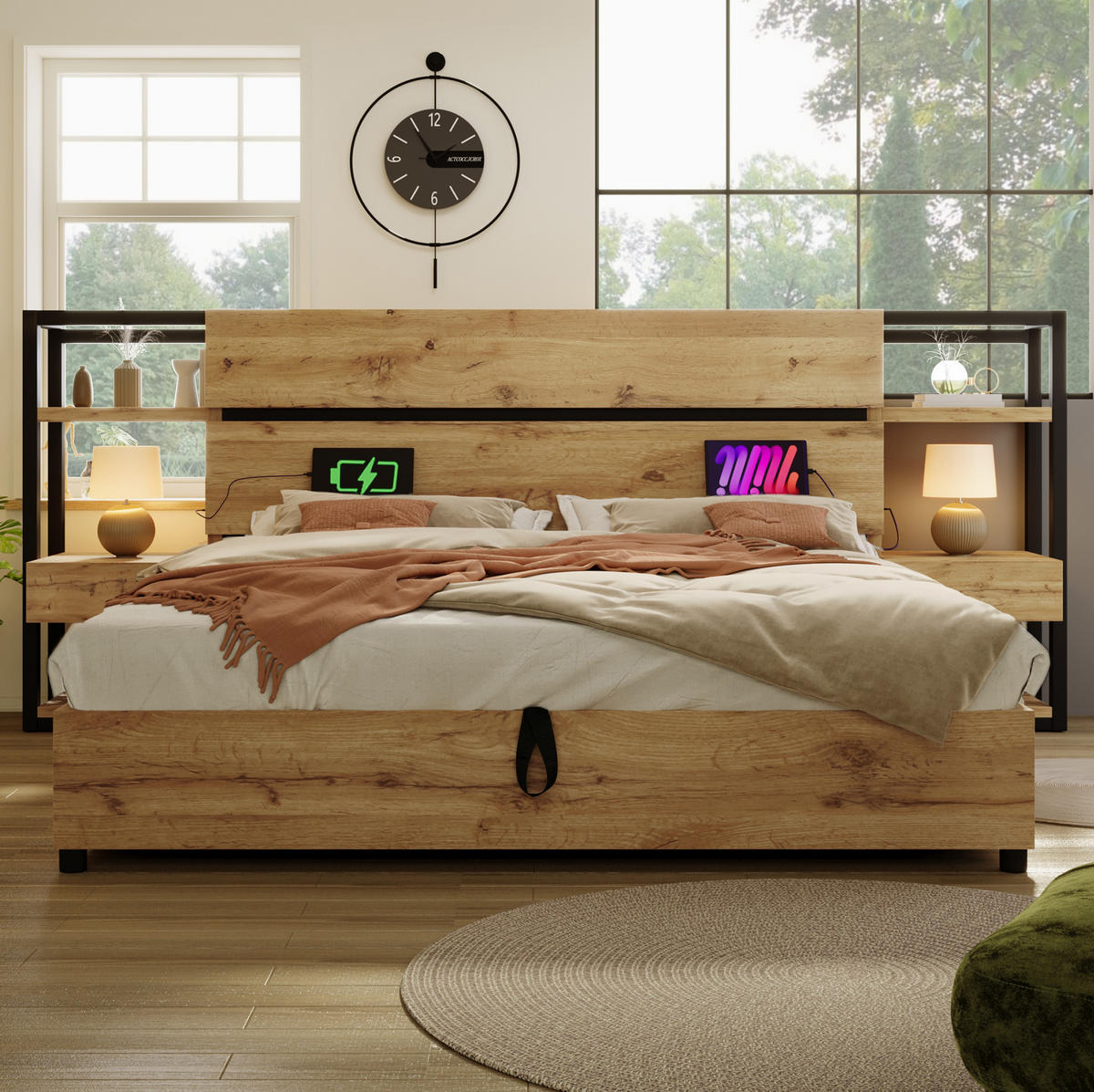 BRAČNI krevet 180/200 cm hrast boje od MDF-a i metala s prostorom za odlaganje i USB punjenjem - boje hrasta, drvni materijal (180/200cm) - OKWISH