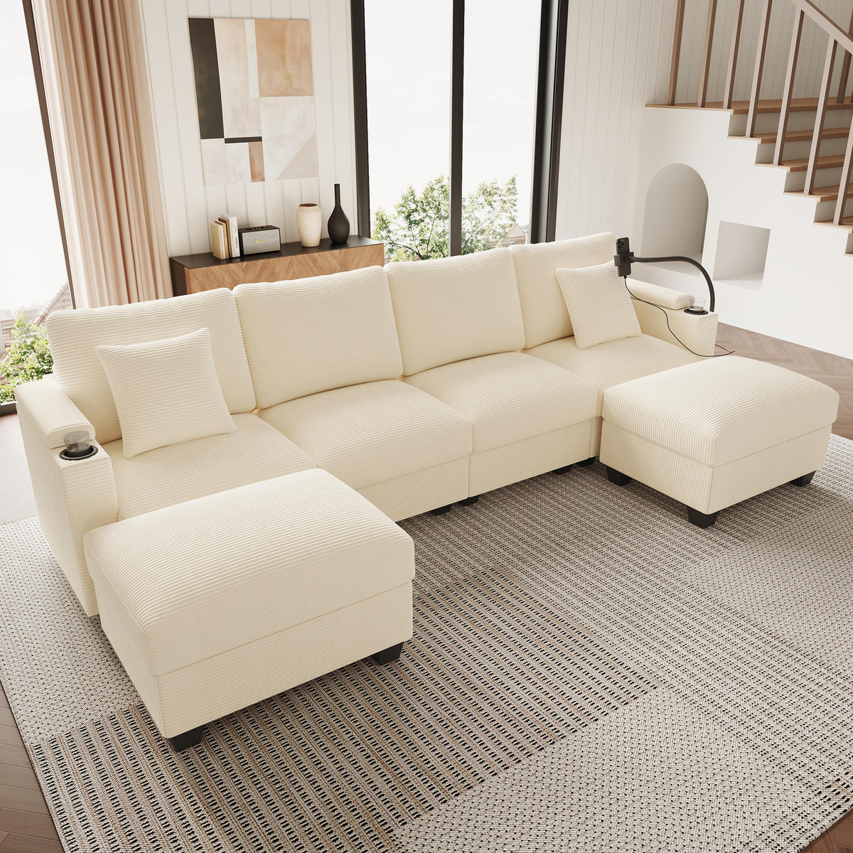 WOHNLANDSCHAFT Cord Beige mit USB, USB-C und Stauraum - Beige, Holzwerkstoff/Kunststoff (275.5/87/139cm) - WISHDOR