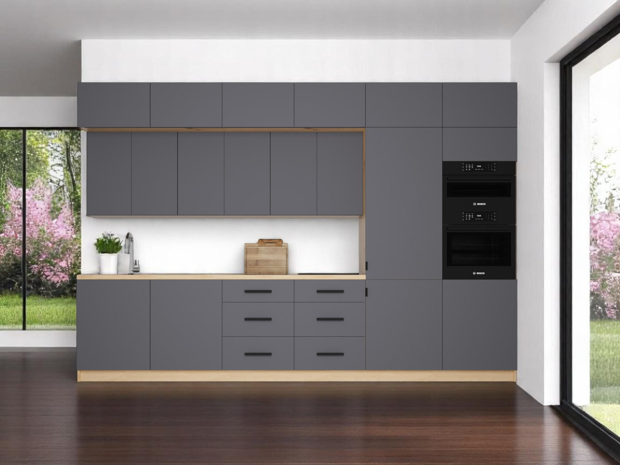KÜCHENZEILE 360 cm - Langen K72-M360 - Schwarz/Grau, Holz/Metall (360/248/58cm)