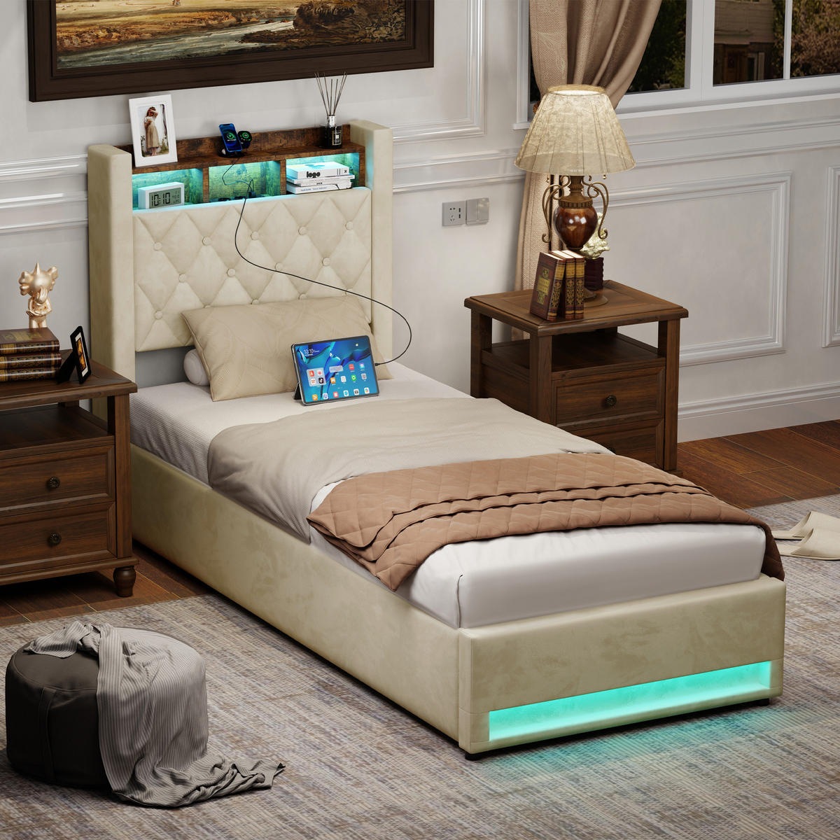 POLSTERBETT 90/190 cm Beige mit LED-Lichtleiste und USB-Anschlüssen - Beige, Holzwerkstoff (90/190cm) - OKWISH