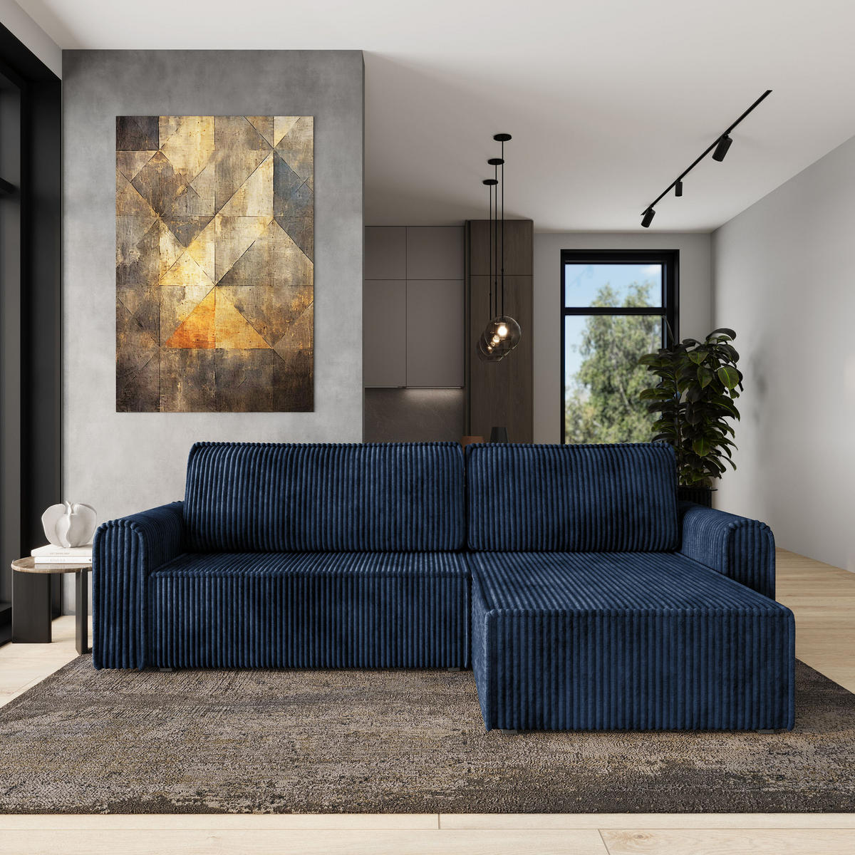 ECKSOFA VALTINO Blau Kordstoff mit Schlaffunktion - Blau, Holz (275/148cm) - MASSENO