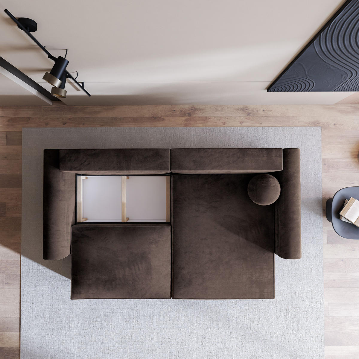 ECKSOFA FIANO M Braun Velours-Stoff mit Schlaffunktion - Braun, Holz (245/148cm) - MASSENO