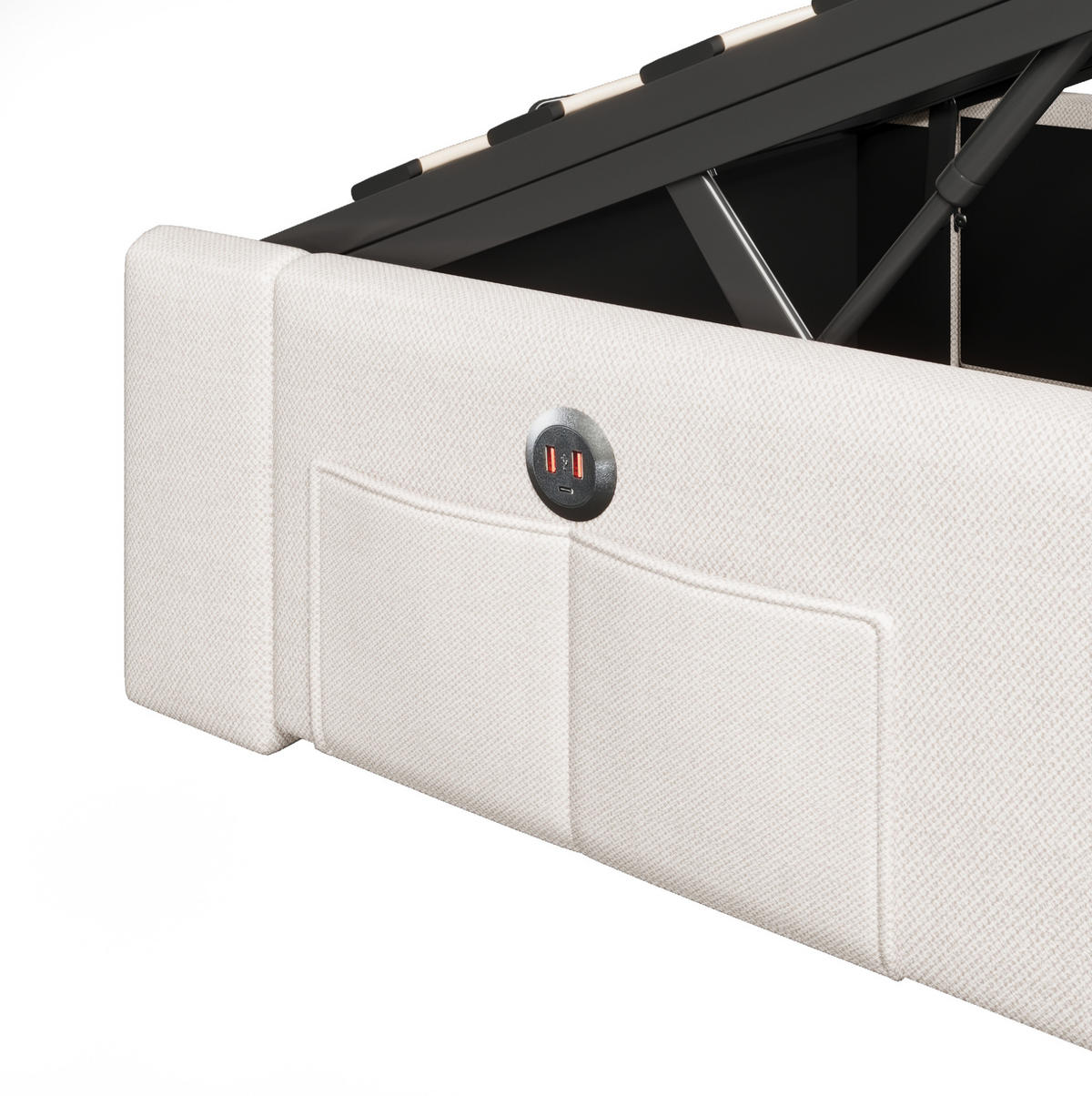 POLSTERBETT 90/200 cm beige aus Leinen mit LED-Leiste, USB und Typ-C - Beige, Textil (90/200cm) - OKMYHOME
