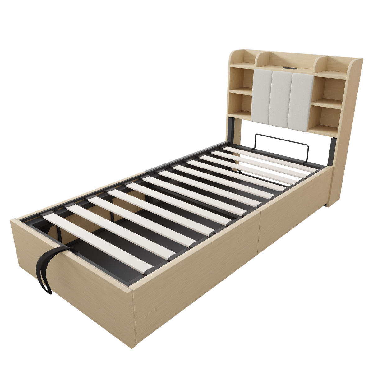 HOLZBETT 90/200 cm mit hydraulischem Bettkasten und USB-Anschluss, Naturholz - Naturfarben, Holzwerkstoff (90/200cm) - OKWISH