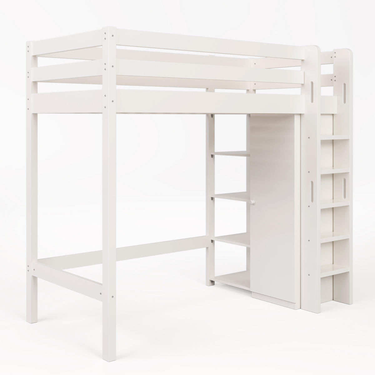 HOCHBETT 90/200 cm mit Kleiderschrank, 6 Regalen und flexibler Montage aus Massivholz und Spanplatte, Weiß - Weiß, Holzwerkstoff - Redom