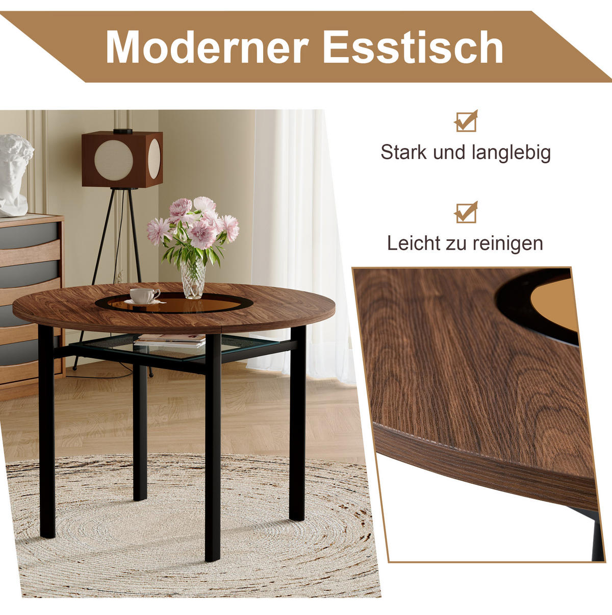 ESSTISCH aus MDF, Glas und Metall 100x100x76 cm Braun/Schwarz mit Glasintarsie und Ablageboden - Braun, Holzwerkstoff (100/100/76cm) - Modfu