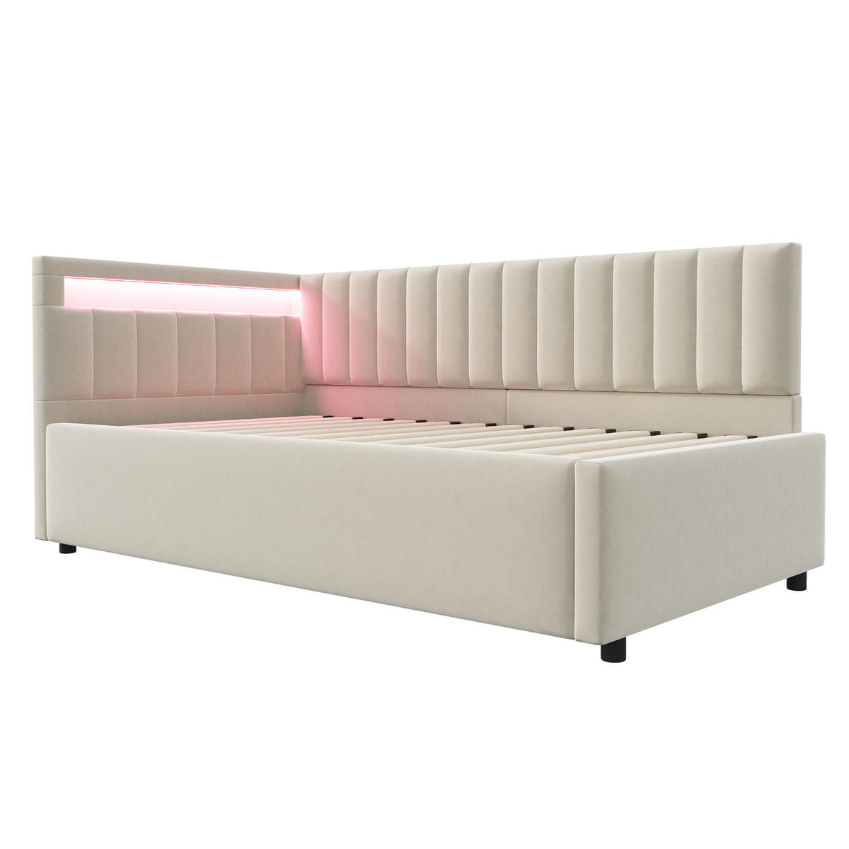 STAURRAUMBETT 90/200 cm DE-01966, in Beige, mit LED, Hydraulik und Streifendesign - Beige, Holzwerkstoff (90/200cm) - ComfortXL