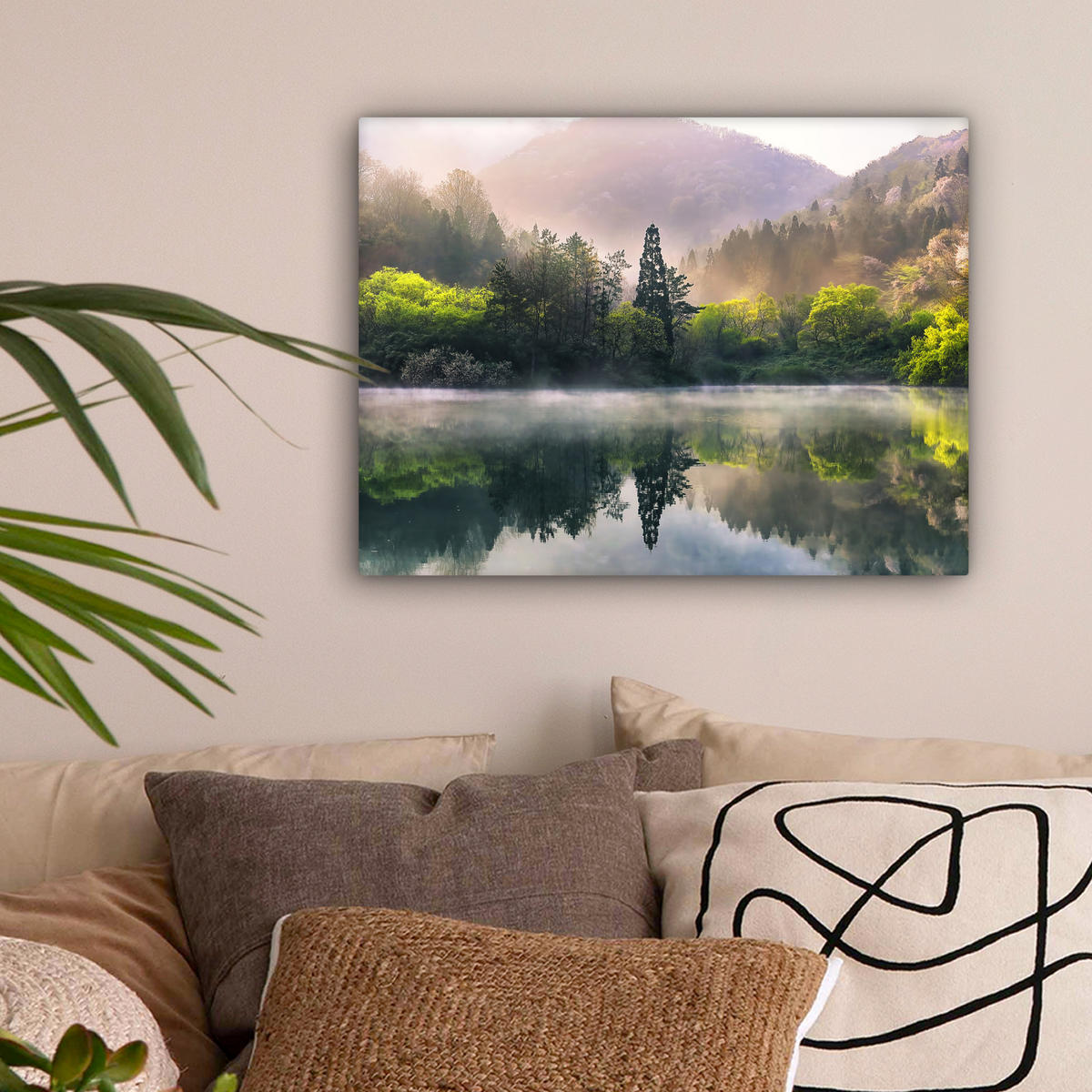 LEINWANDBILD Natur - Bäume - Berge - See - Wasser 40x30 cm - Hellgrün, Textil (40/30cm) - MuchoWow