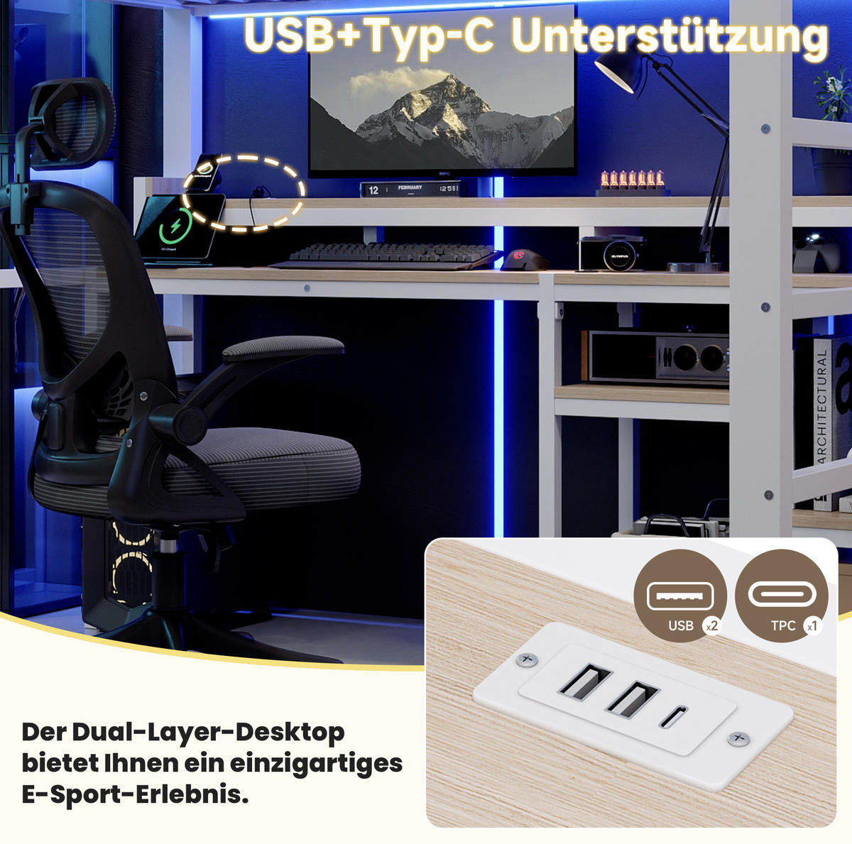 HOCHBETT MDF Metall 140x200 cm Weiß mit Leiterschrank, USB + Typ-C und LED-Lichtleiste - Weiß, Holzwerkstoff (140/200cm) - Modfu