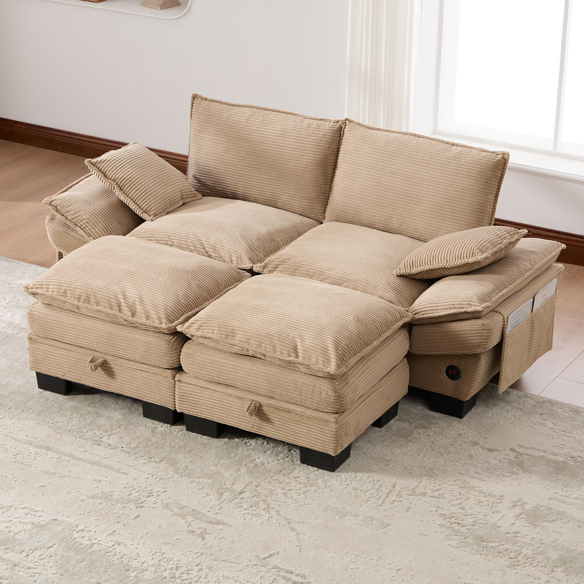 2-SITZER SOFA Cord Khaki mit Hocker, USB-C und Seitentaschen - Hellbraun, Holzwerkstoff/Kunststoff (190/84/132cm) - WISHDOR