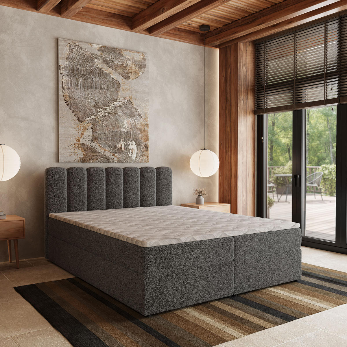 BOXBETT SOLIA 180x200 cm mit Matratze und Topper, H2+H3 - Grau - Grau, Holz (180/200cm) - MASSENO