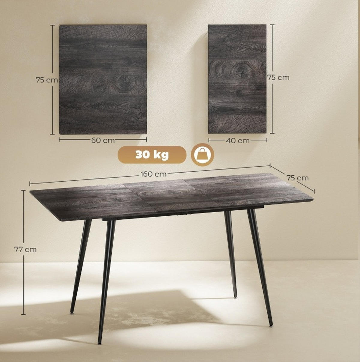 ESSTISCH aus Holz 120-160x75x77 cm Grau ausziehbar mit Stahlgestell und Erweiterungsplatte - Grau, Holz (160/75/77cm) - Modfu