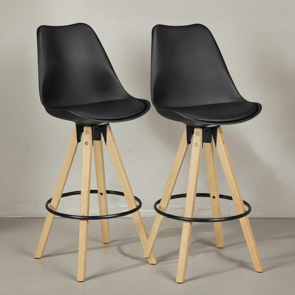 BARHOCKER Set - Ergonomisch Sitzschale, Holzbeine, Schwarz 45x45x113 cm - Beige/Schwarz, Holz/Kunststoff (45/113/45cm) - KADIMA DESIGN