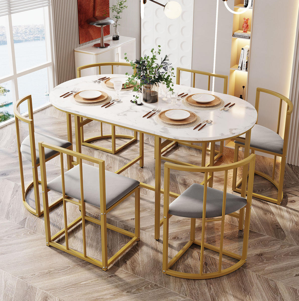 TISCHGRUPPE für 6 Personen mit Polsterstühlen in Weiß und Gold - Weiß, Holzwerkstoff (140/76/80cm) - BEAOK