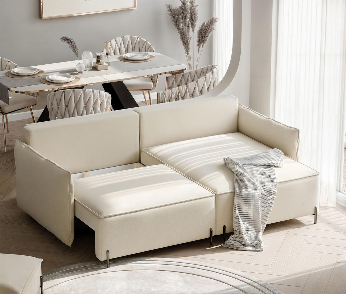 ECKSOFA MARCO Rechts, mit Schlaffunktion und Bettkasten, Creme - Creme, Textil/Metall (221/148cm) - Idohome