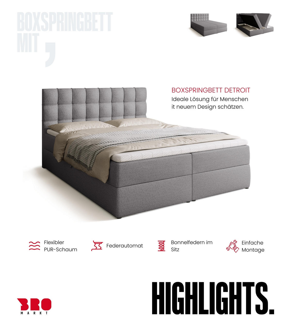 BOXBETT Detroit mit Topper 160/200 Grau - Grau, Textil (160/200cm) - Bromarkt