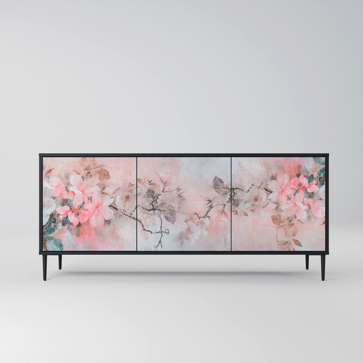SIDEBOARD CHERRY BLOSSOM, Graue Oberfläche, 164,5x42x72,5 cm, 3 Türen - Schwarz/Grau, Holzwerkstoff/Metall (164.5/72.5/42cm) - SpaceRebels