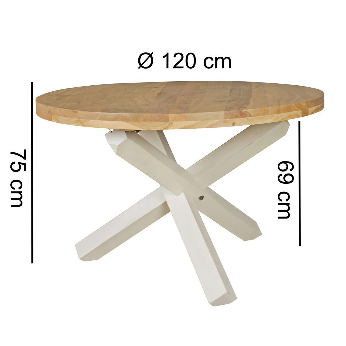 ESSTISCH Massivholz Rund Kreuzbeine Handgefertigt TEKO, Beige 120x120x75 cm - Beige/Weiß, Holz (120/120/75cm) - KADIMA DESIGN