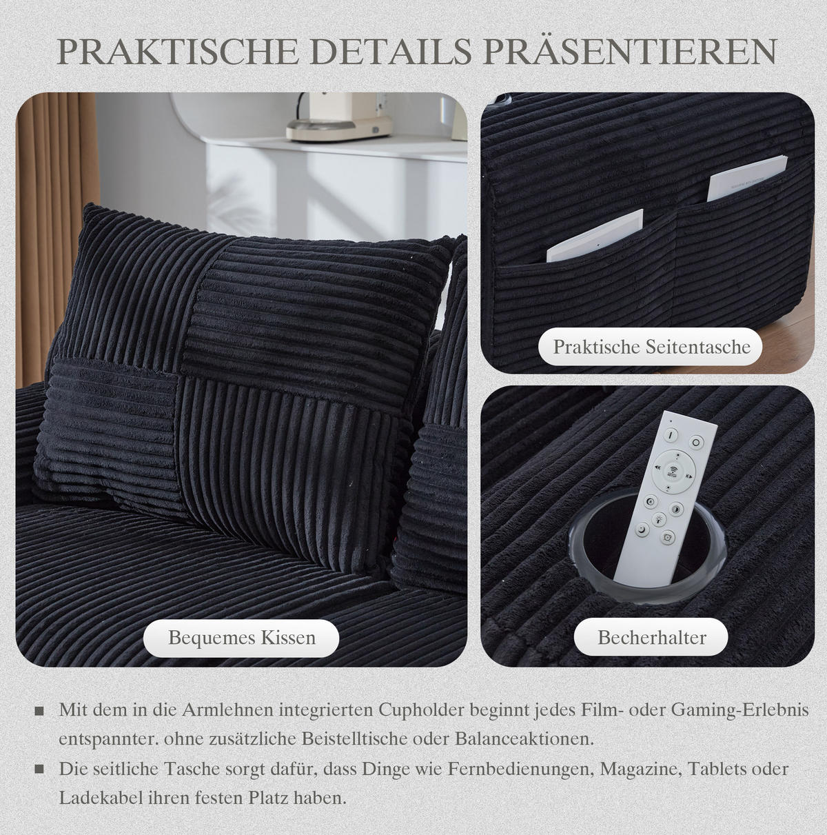 MODULARES 2-Sitzer Sofa Cordstoff mit Getränkehalter und Seitentasche 200/174/80 cm Schwarz - Schwarz, Textil (174/80/200cm) - Redom