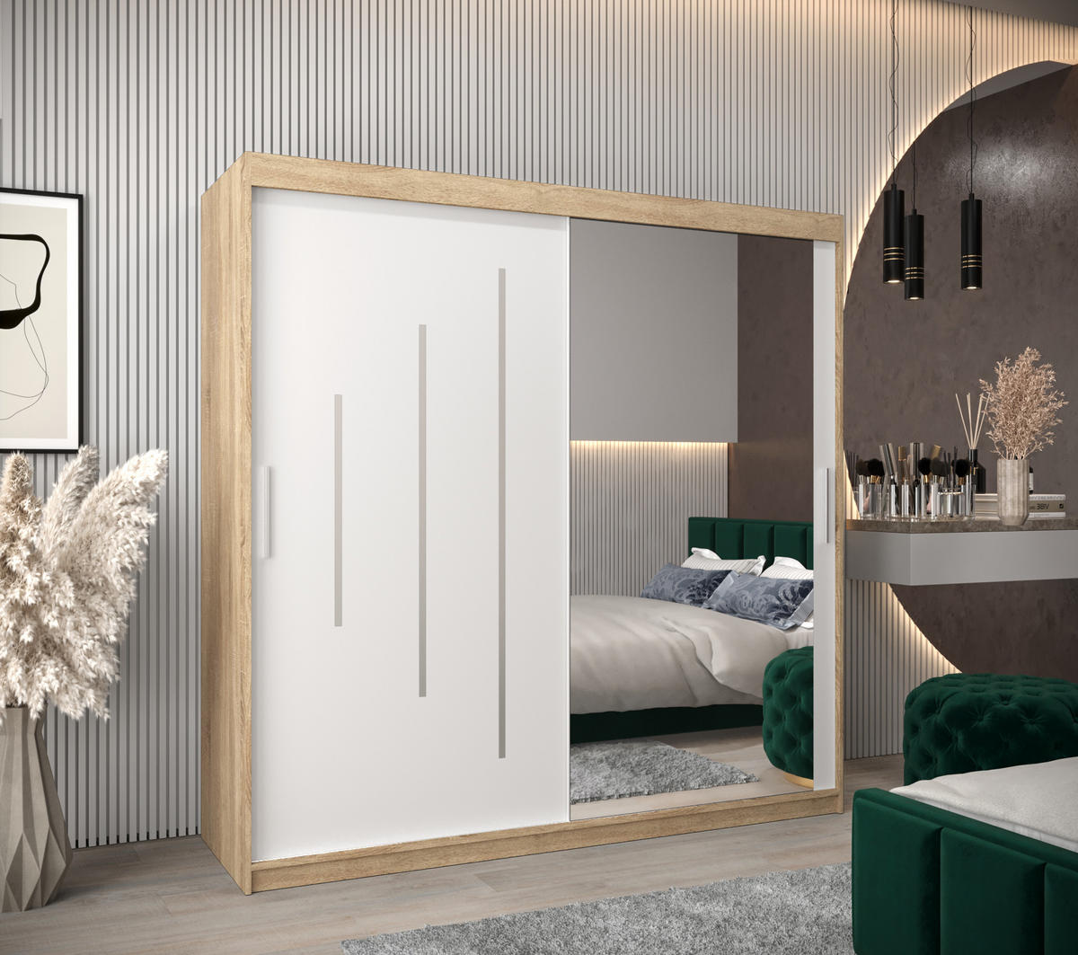 SCHWEBETÜRENSCHRANK 200/200/62 2-türig - Silberfarben/Weiß, Holz/Kunststoff (200/200/62cm) - Abiks Möbel