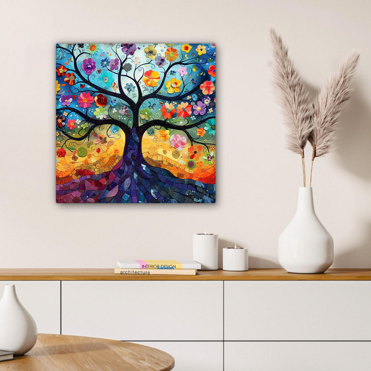 LEINWANDBILD Kunst - Baum des Lebens - Blumen - Hippie Wandbild Wohnzimmer 50x50 cm - Dunkelblau, Textil (50/50cm) - MuchoWow