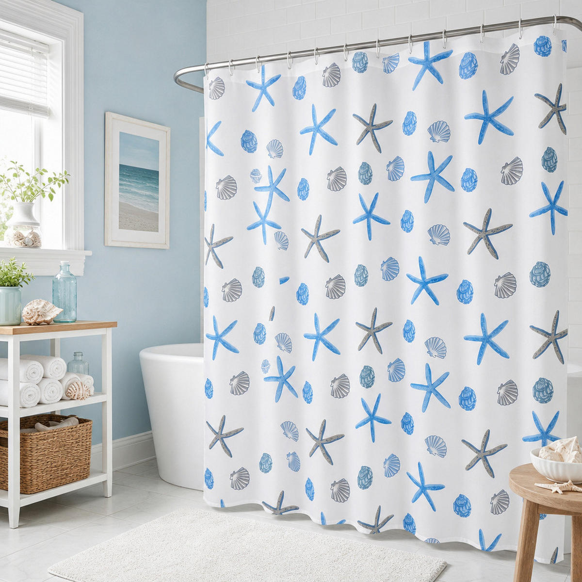 DUSCHVORHANG – Breite 180 x Höhe 180 cm – lan's – inklusive Haken - Blau, Kunststoff (180/180cm)