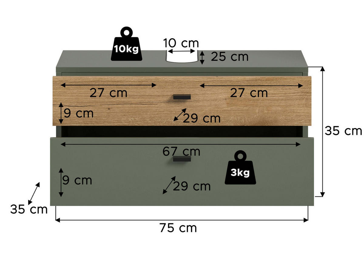 WASCHBECKENUNTERSCHRANK grün, Eiche Evoke 75 cm, Badschrank hängend - Eichefarben/Grün, Holzwerkstoff/Kunststoff (75/35/35cm) - Inn.Furn
