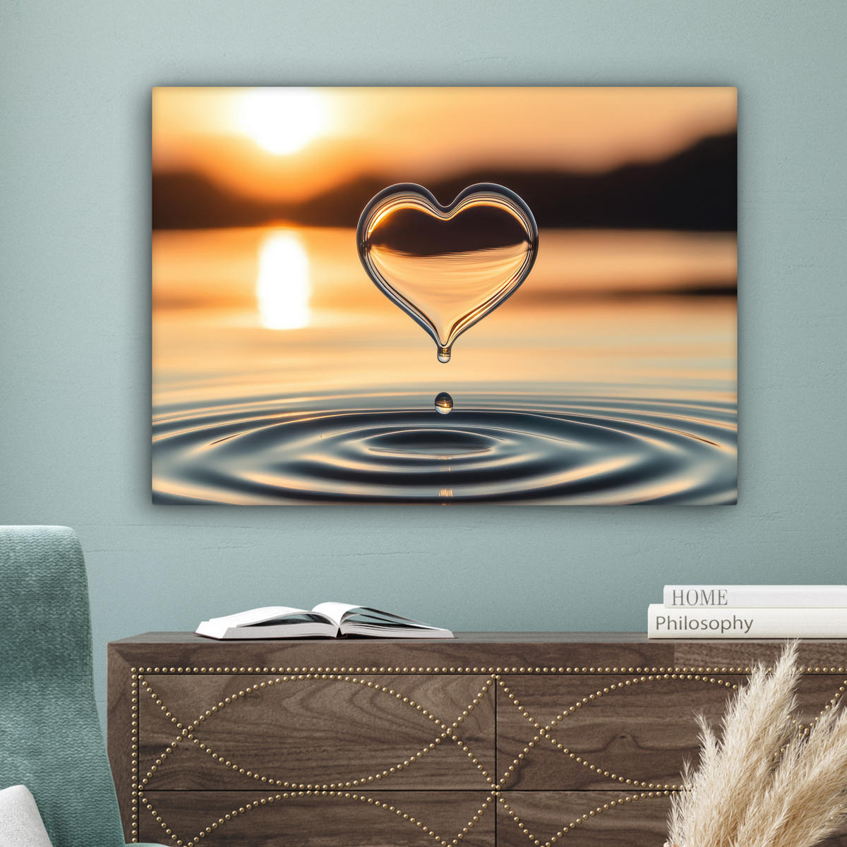 LEINWANDBILD - Herz - Wasser - Sonnenuntergang - Natur - Zen - 80x60 - Malerei - Bernsteinfarben, Textil (80/60cm) - MuchoWow